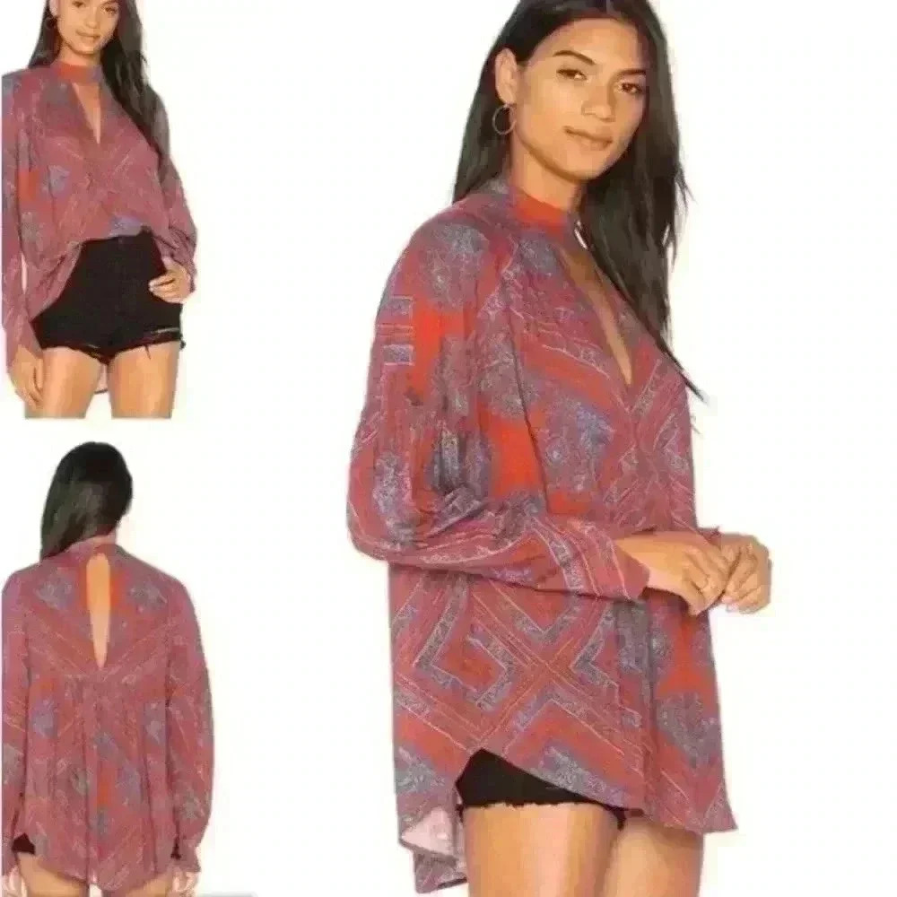 Free People Red Walking On A Dream Tunic long sleeve Blouse